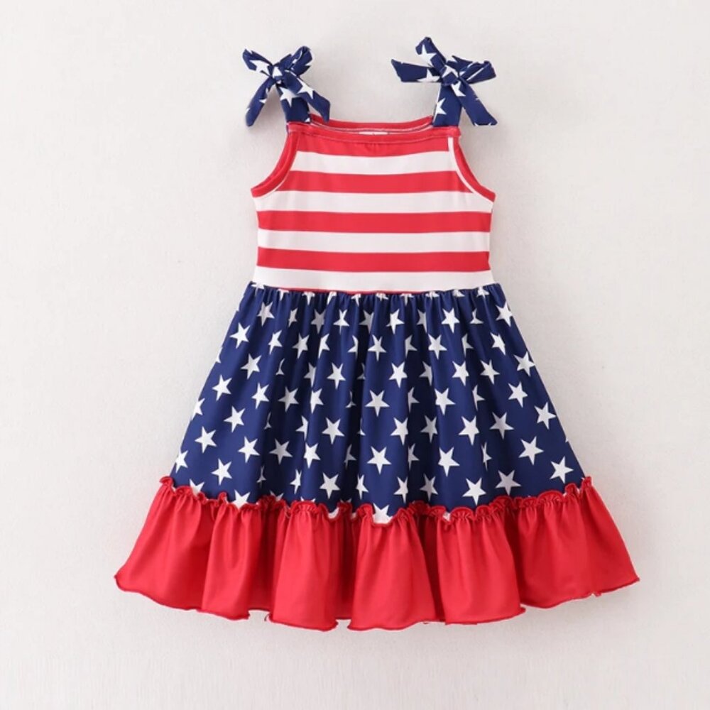 Boutique 4th of July Girls Sleeveless Patriotic Stars & Stripes Ruffle Dress